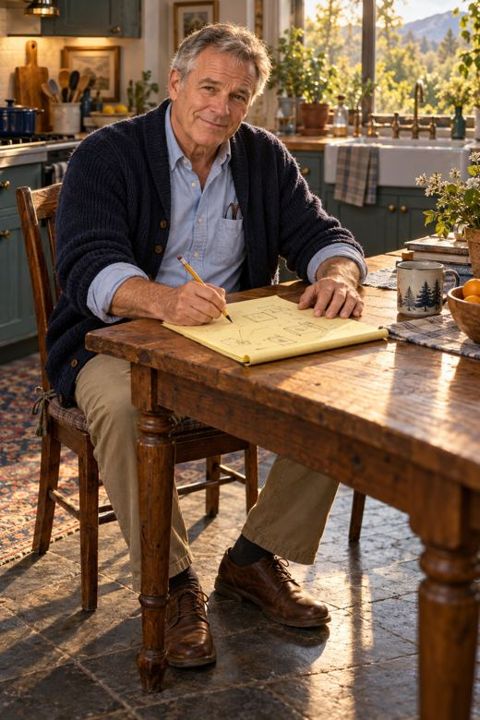 Calvin Brooks sketching a plan at a kitchen table