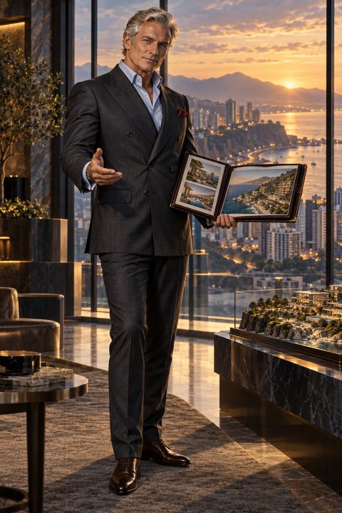 Julian Castell in a charcoal double-breasted suit presenting a portfolio of resort renderings in a sales gallery