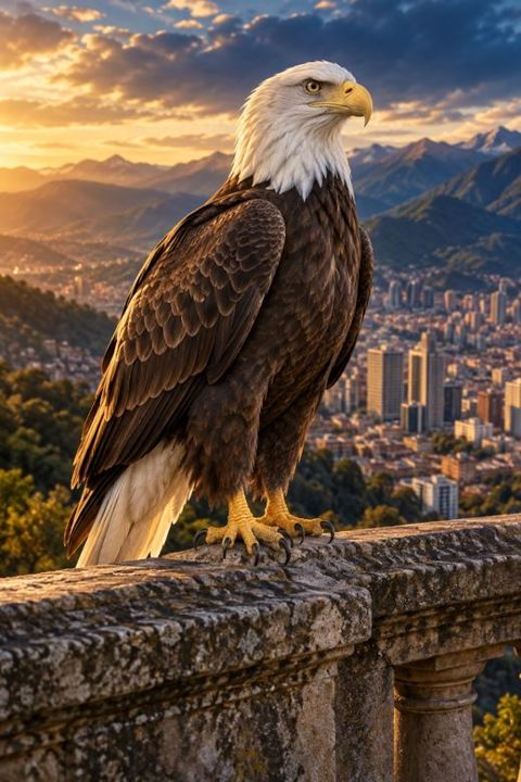 Liberty, a bald eagle on a stone balustrade above a city