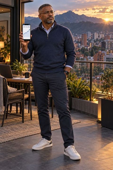 Marcus Reed holding a phone with a rising chart