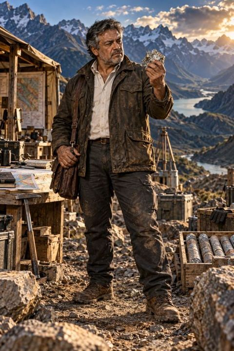 Mateo Ríos holding an ore sample in the mountains