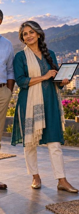 Priya Grant holding a tablet on a terrace