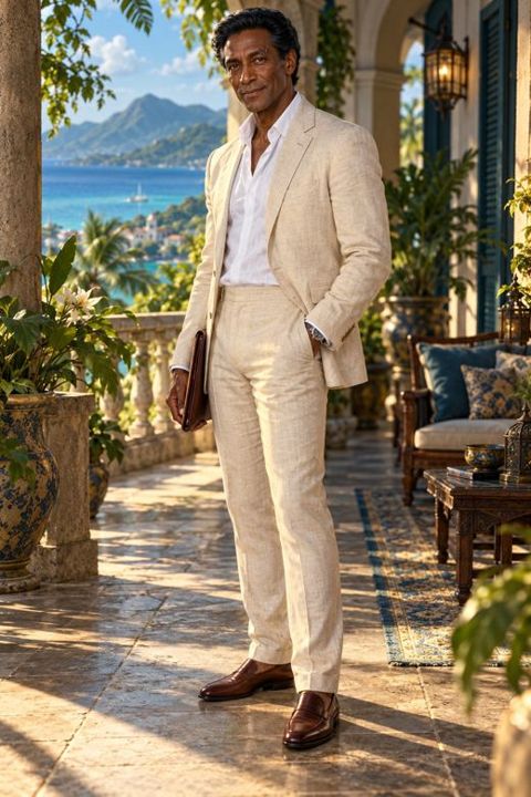 Professor Isaiah Cole in a cream linen suit on a coastal terrace
