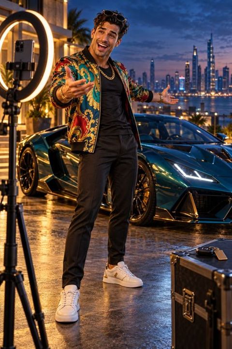 Rocket Ray filming himself in front of a supercar