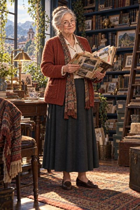 Dr. Ruth Carey with a scrapbook in a library