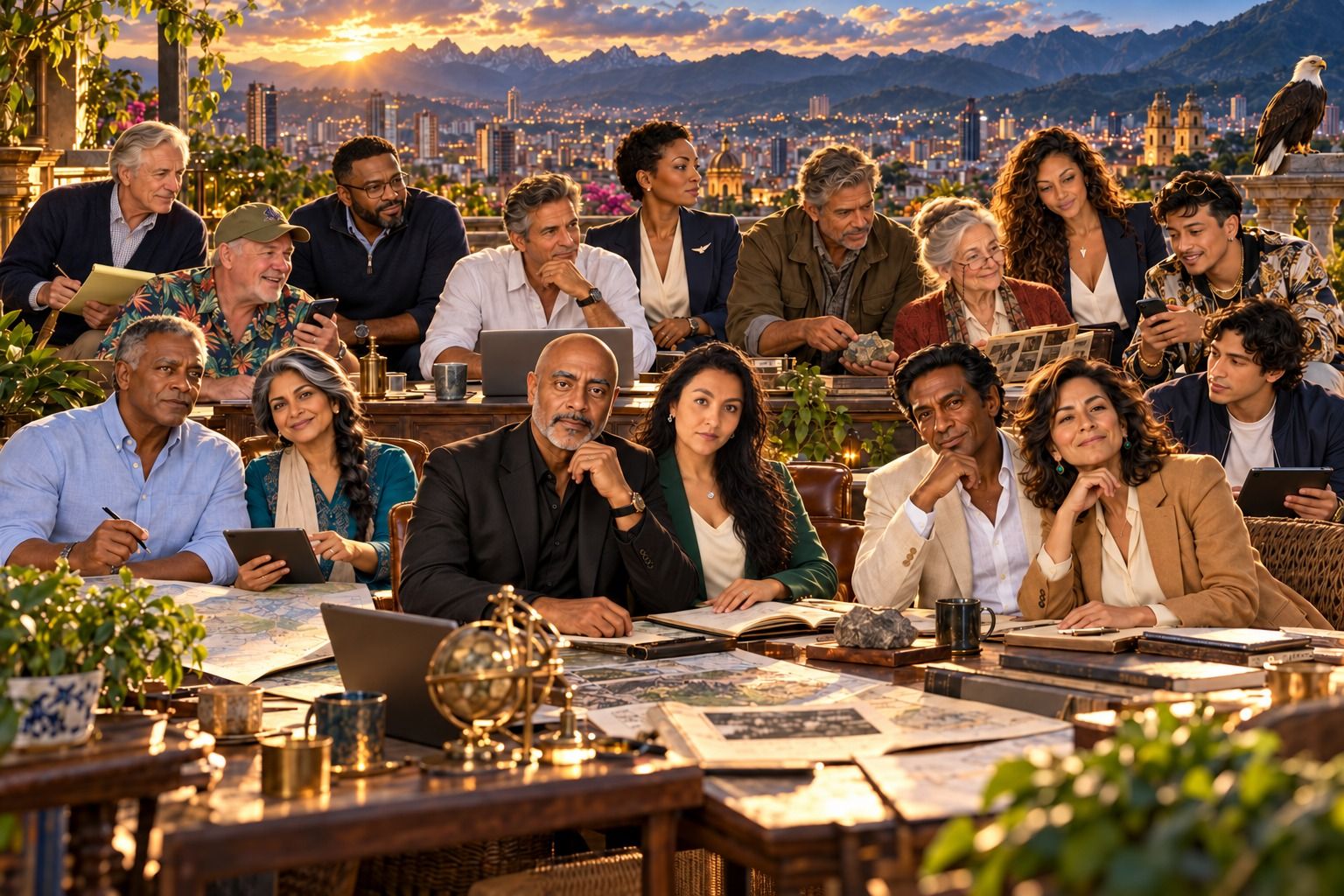 The Sovereo cast gathered around a long table of maps and laptops on a terrace at sunset, a bald eagle perched behind them